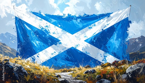 Scottish flag backdrop of picturesque landscape. A trail leads to a billowing flag, sky and mountains behind it