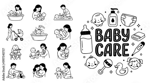Vector illustration set featuring essential baby care and daily activities