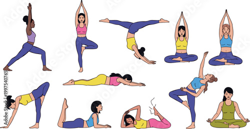 Yoga Poses and Fitness Stretching Exercises Vector Illustration Featuring Female Yoga Practitioners in Various Asanas for Flexibility, Wellness, and Health