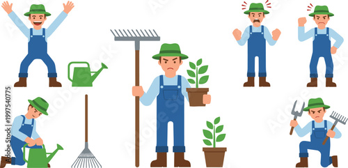 Professional Farmer and Gardener Character Set Showing Various Emotions and Actions with Tools Like Rake Watering Can and Plants for Agricultural Industry and Gardening Graphic Designs
