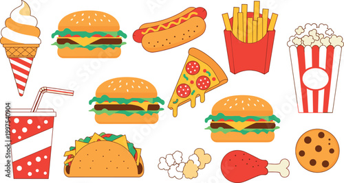 Fast Food Icon Set Featuring Burgers, Fries, Pizza, Ice Cream, and Snacks for Food, Restaurant, and Snack Time Projects