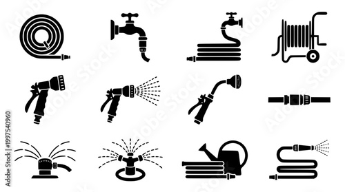 Garden irrigation equipment set featuring various water hose nozzle tools
