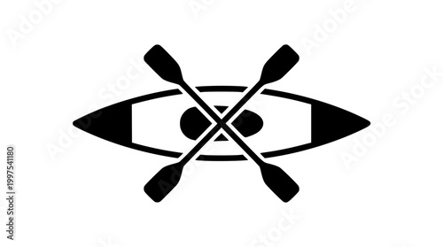 Black vector illustration of a kayak with crossed wooden paddles