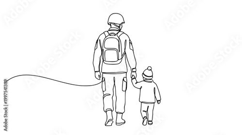 Single line vector illustration of soldier holding childs hand
