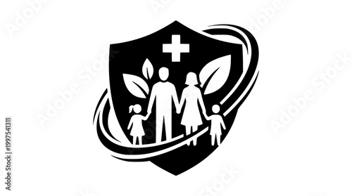 Black and white family health shield vector graphic design