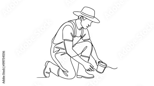 Single line vector illustration of a kneeling farmer gardening