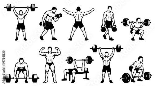 Athletic man performing various weightlifting exercises in vector graphic illustration