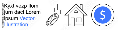 Finance, real estate, home ownership, investment, savings, monetary value. Coin dropping near a house and dollar icon. Finance and real estate concept investment opportunities