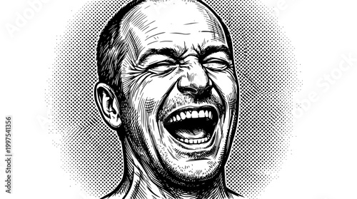 Black and white vector illustration of a laughing man