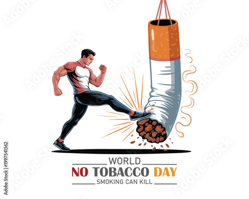 May 31st World No Tobacco Day poster design. Man kicking boxing cigarette defines to man fighting to quit smoking. Stop smoking poster for disease warning. No smoking banner.