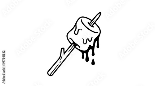 Melting marshmallow on a wooden stick vector graphic illustration
