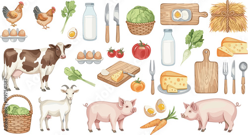 Farm food and agriculture vector collection featuring animals dairy products vegetables kitchen tools and fresh organic produce illustration set