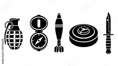 Set of military combat equipment icons in vector graphic style