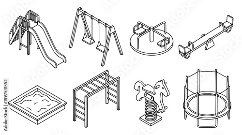 Set of isometric playground equipment for children outdoor recreation