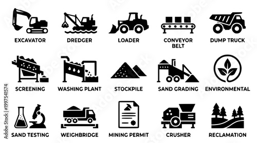Set of black construction machinery and mining equipment vector icons