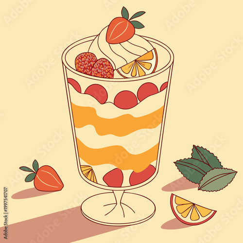 Paper Cut Style Layered Ice Cream Parfait Dessert Vector Illustration
