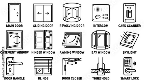 Set of architectural door and window outline vector icons