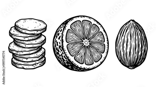 Detailed hand drawn vector illustration of citrus fruit slices