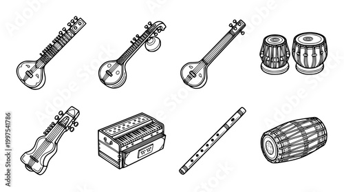Set of traditional Indian musical instruments in vector graphic style