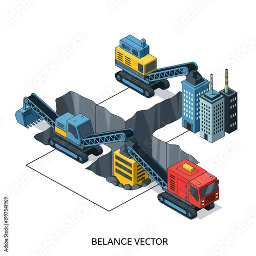 Isometric illustration of industrial conveyor belt system with machinery and factory buildings.