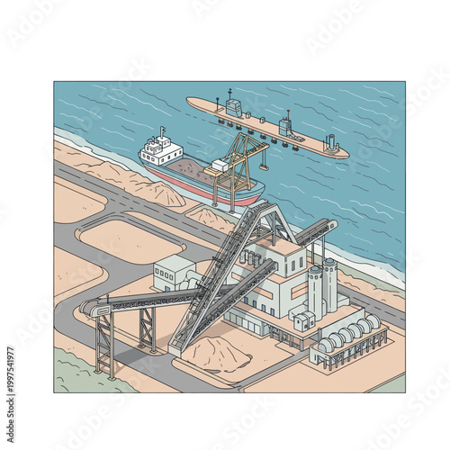 Isometric illustration of a modern industrial port facility with cranes and cargo handling equipment.