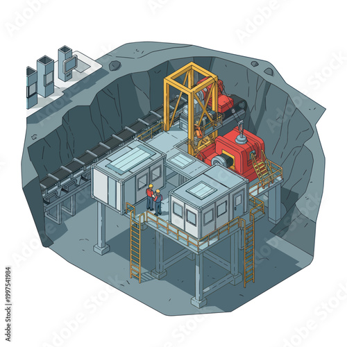 Underground mining operation with machinery and workers in a tunnel.