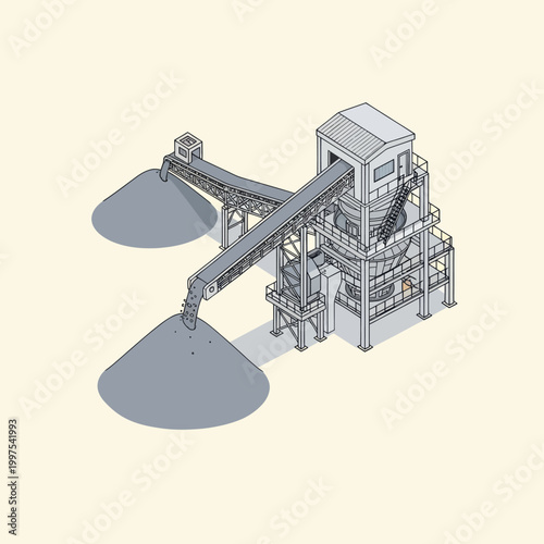 Isometric illustration of an industrial coal or mineral processing plant with conveyor belts and storage piles.