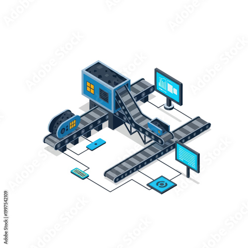 Isometric illustration of a modern automated factory production line with conveyor belts and digital control screens.
