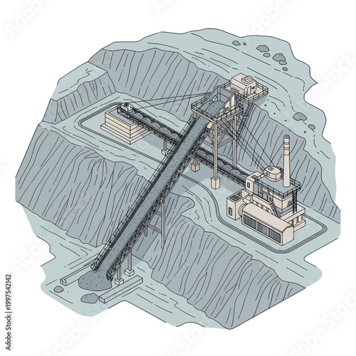 Isometric illustration of an industrial mining site with heavy machinery and conveyor belt.
