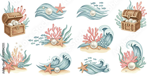 Underwater ocean vector collection featuring treasure chest waves coral pearls starfish and fish marine adventure illustration set