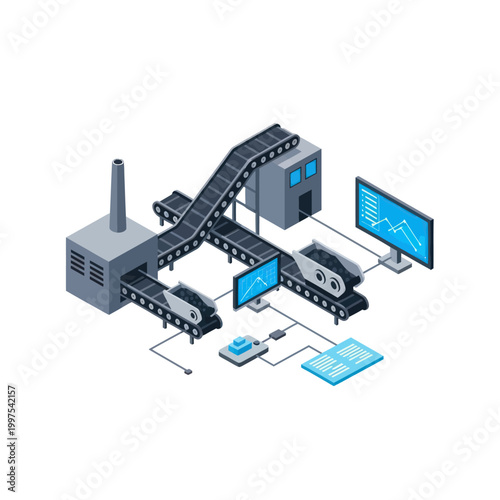Isometric illustration of a modern automated factory production line with conveyor belts and digital monitoring screens.