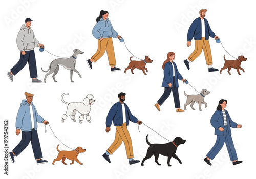 A digital CAD illustration depicting diverse people walking their dogs, showcasing various breeds and owners in a vibrant, active, and wholesome urban lifestyle