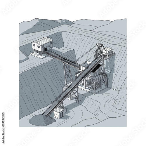 Industrial mining site with conveyor belts and machinery in a quarry.