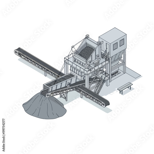 Isometric illustration of an industrial conveyor belt system with a sorting machine and material pile.