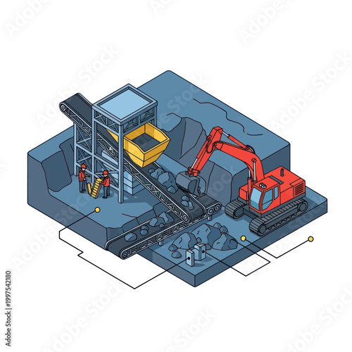Isometric illustration of a mining site with excavator and conveyor belt transporting rocks.