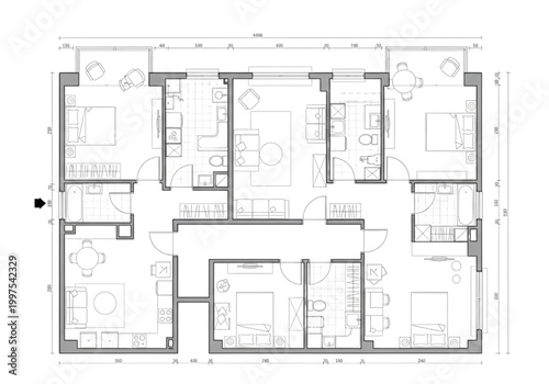 Architectural Blueprint Drawing of a Residential Building Floor Plan in CAD
