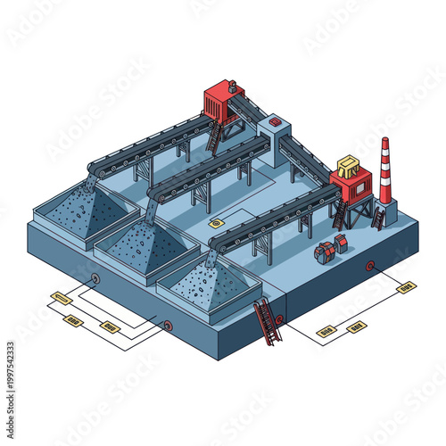 Isometric illustration of industrial wastewater treatment plant with filtration and sedimentation tanks.