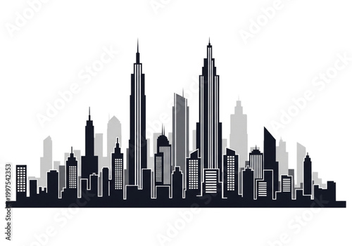 Modern Cityscape CAD Illustration Featuring Tall Buildings and Skyscrapers in a Silhouette Style
