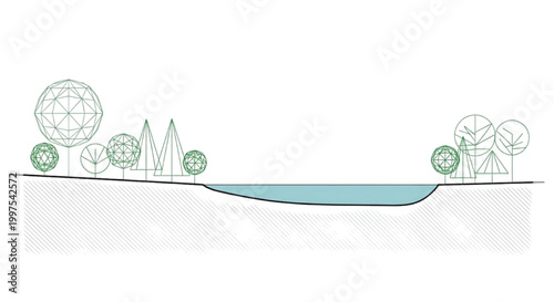 Conceptual CAD design visualization depicting an idealized landscape profile, complete with minimalist trees and a reflective water feature, useful for planning and green infrastructure projects