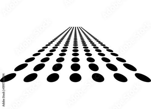 Abstract vector pattern of black circles on a white background. road in perspective. Design element. Trendy vector background for covers, advertising, packaging. Technological style, pixels, perforati