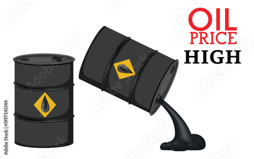 oil price high concept with barrel pouring crude oil vector illustration, rising fuel cost energy crisis business concept