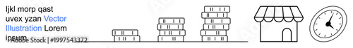 Financial growth, business development, investment opportunities, time management, retail economy, wealth building. Stacks of coins increase in height, storefront and clock. Financial growth