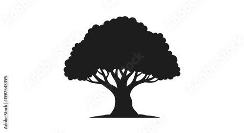 Solid black silhouette of a large spreading tree with a thick trunk and many leafy branches isolated on a plain white background.