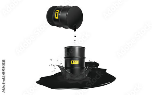 oil barrel pouring crude oil splash vector illustration, petroleum spill energy resource concept black liquid design