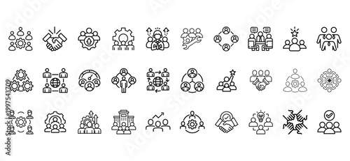 Line illustrating teamwork, business collaboration, and global connections, 99 characters people