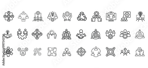 Line illustrating teamwork, collaboration, and business process management, 99 characters people