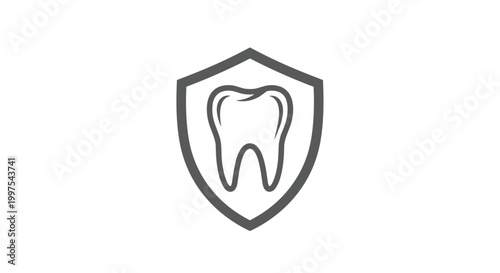 Dental health symbol featuring a human tooth icon centered inside a protective shield outline for dentistry and oral hygiene services.