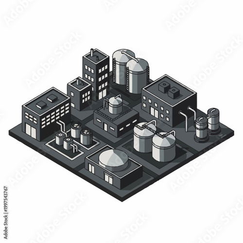 Industrial factory complex with tanks and buildings isometric view.
