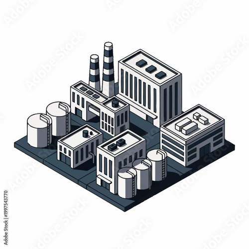 Isometric Industrial Factory Complex with Chimneys and Tanks.