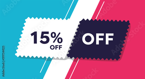 Two part promotional coupon or ticket showing fifteen percent off in a jagged edged style with white and dark blue sections.
